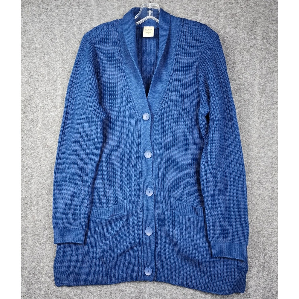 Blair Cardigan Sweater Womens Medium‎ Blue Shawl Collar Button Front Waffle Knit